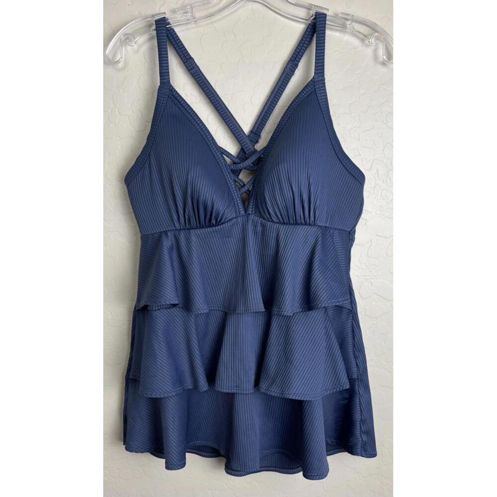 Cacique‎ Swim Tankini Top Ruffles Blue Sz 14 Padded 1863
